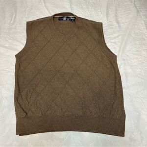 Oscar de la Renta Sweater Vest Men's L Tan Brown Diamond Argyle V-Neck Cotton